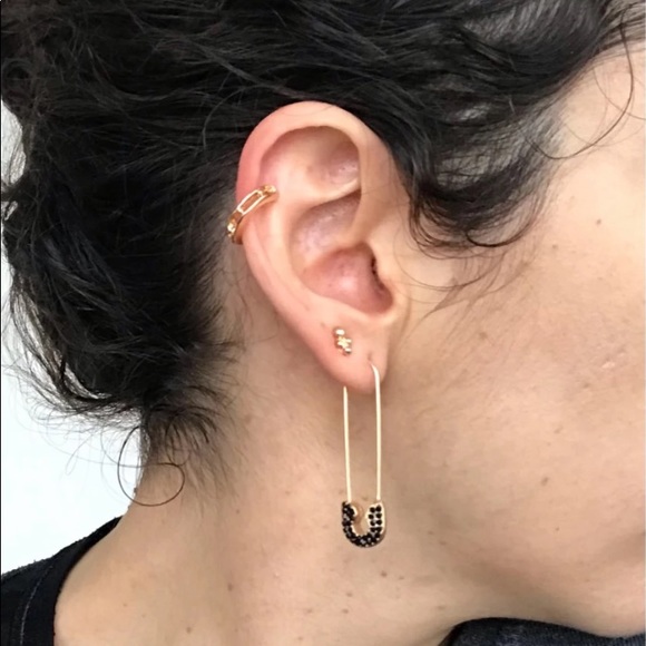 Gold safety pin earrings black diamonds NEW - Picture 3 of 3